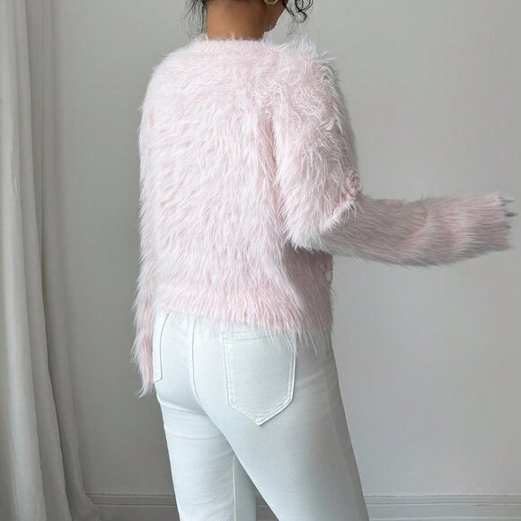 Pink Casual Elegant Women's Faux Mink Fluffy 3d Rose Flower Long Fur Sweater - Picture 3 of 8